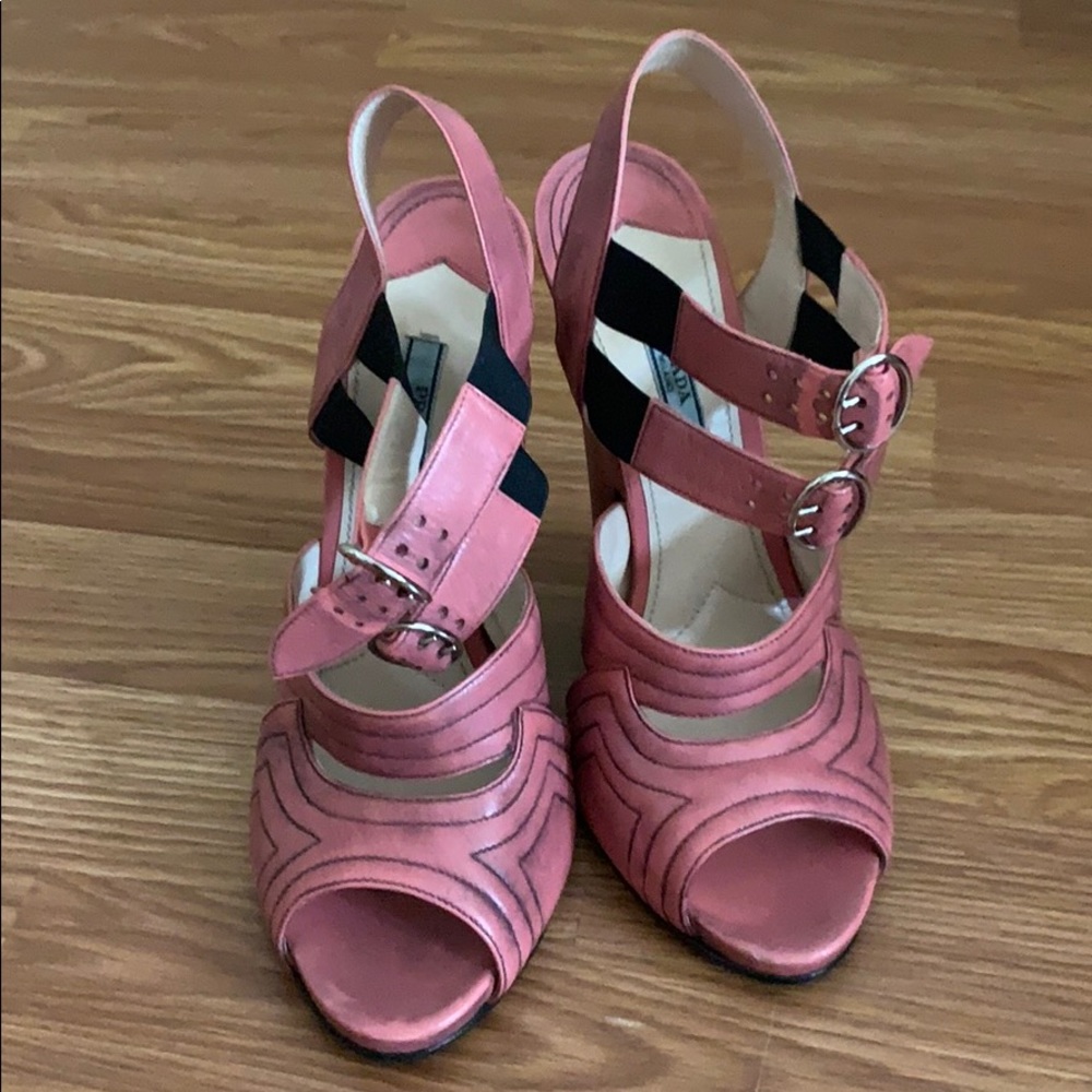Prada runway pink thick heels with straps.